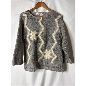 Vtg Lauren Hansen Women L Chunky Hand Knit Wool Sweater Gray 3/4‎ Sleeve